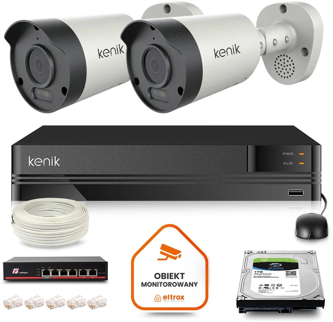 Image of Zestaw monitoringu IP Kenik 2 kamery 4K tubowe dysk 1TB