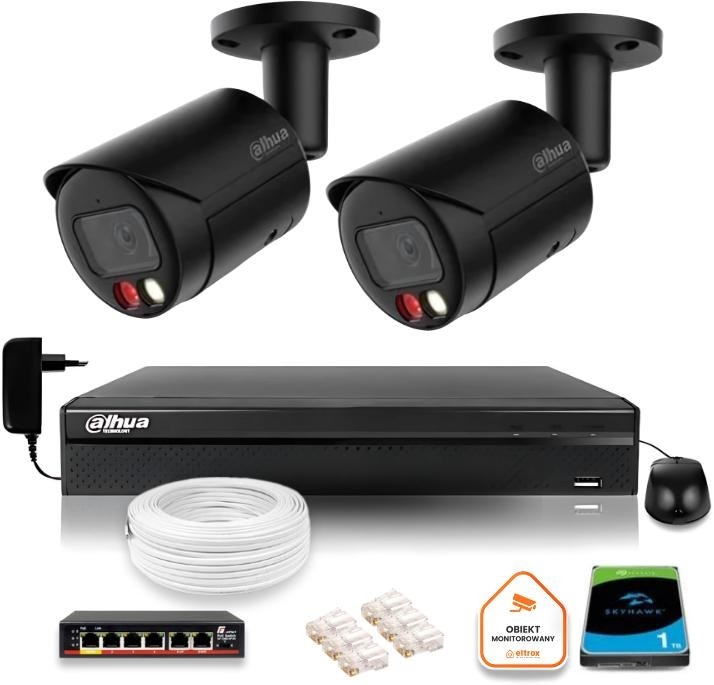 Image of Zestaw monitoringu IP Dahua 4MPx 2K 2 kamery czarne zewnętrzne z dyskiem 1TB