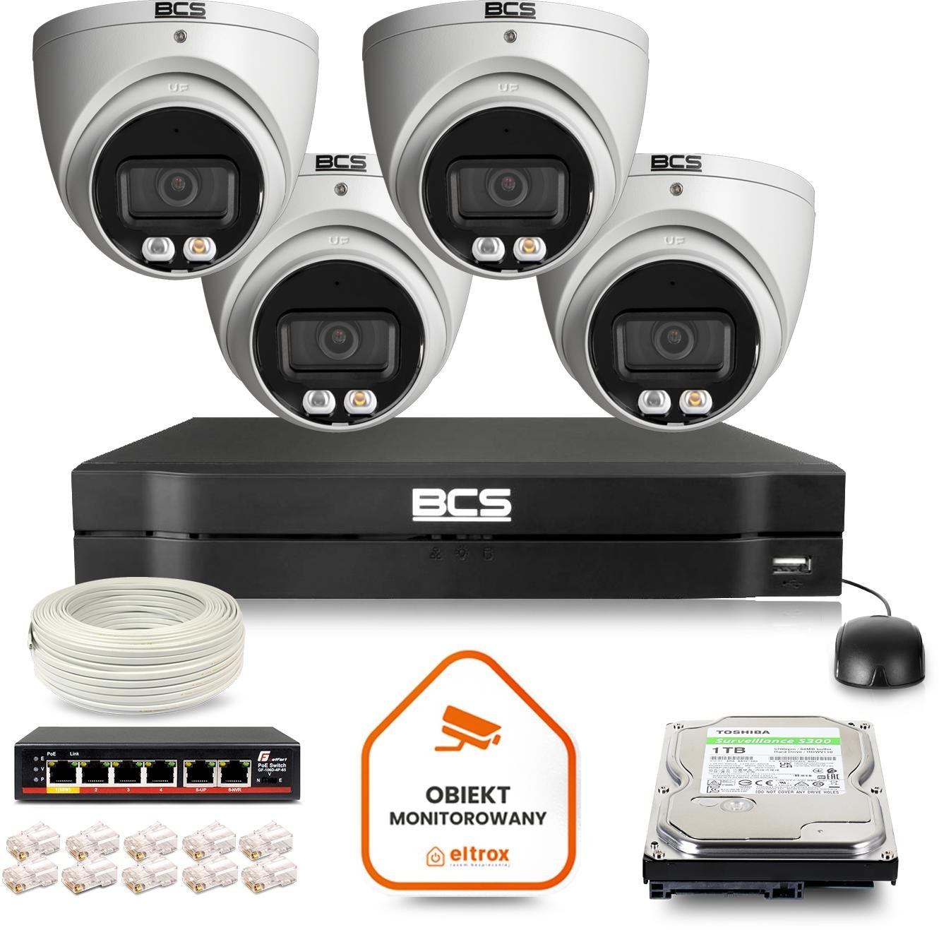 Image of Zestaw monitoringu IP BCS Line 4x Kamera BCS-L-EIP15FCR3L3-AI1 Rejestrator z dyskiem 1TB