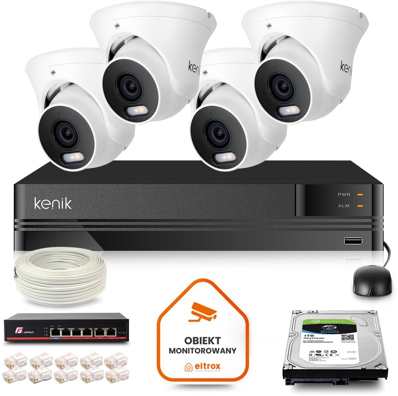 Image of Zestaw monitoringu IP Kenik 4 kamery kopułkowe 5MPx dysk 1TB