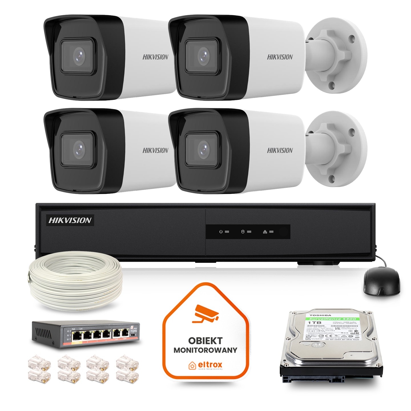 Image of Zestaw Monitoringu IP HIKVISION 4 Kamer tubowych 4MPX