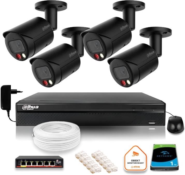 Image of Zestaw monitoringu IP Dahua 4MPx 2K 4 kamery czarne zewnętrzne z dyskiem 1TB
