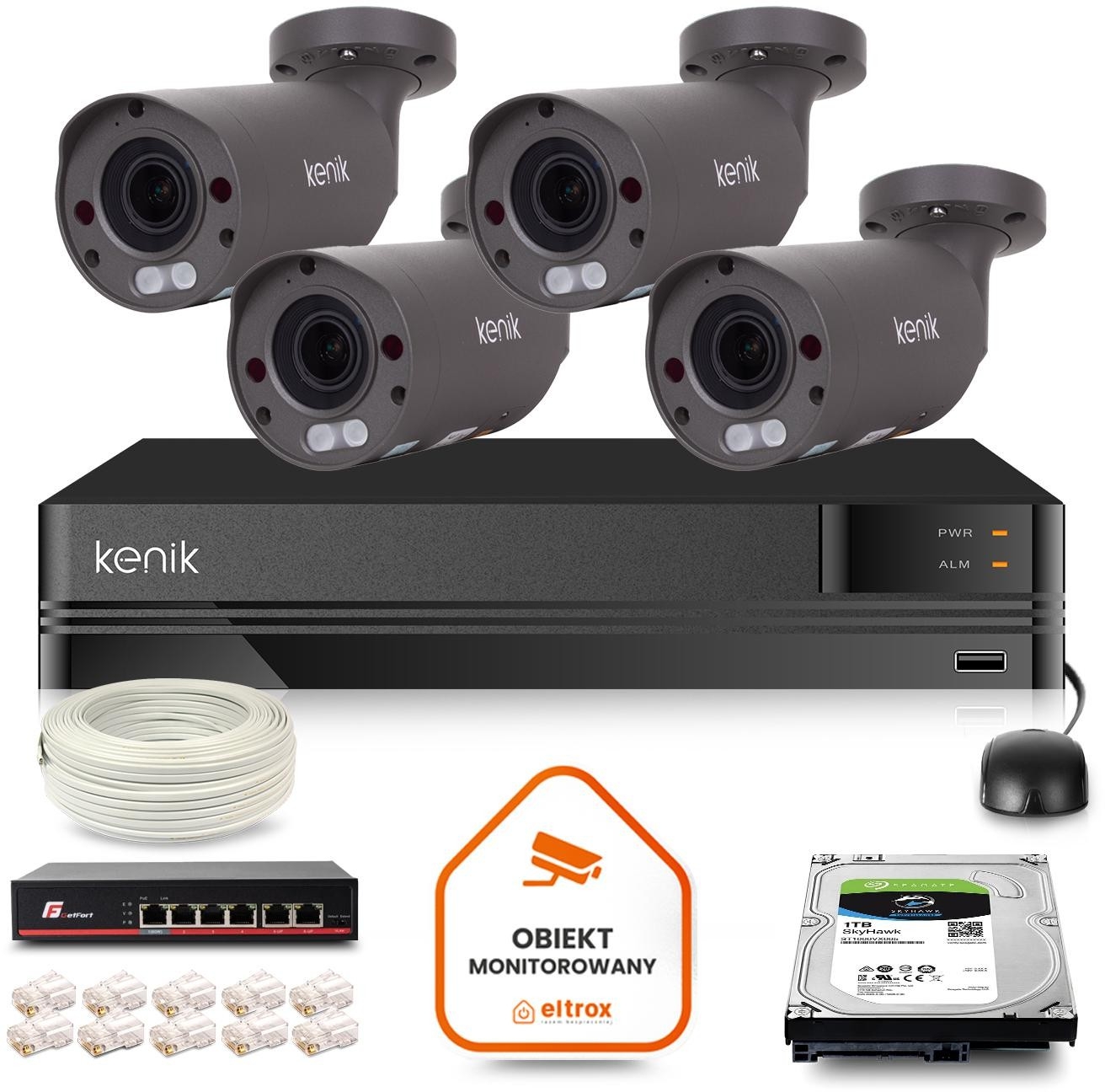 Image of Zestaw monitoringu IP Kenik 4 kamery tubowe 5MPx 1TB