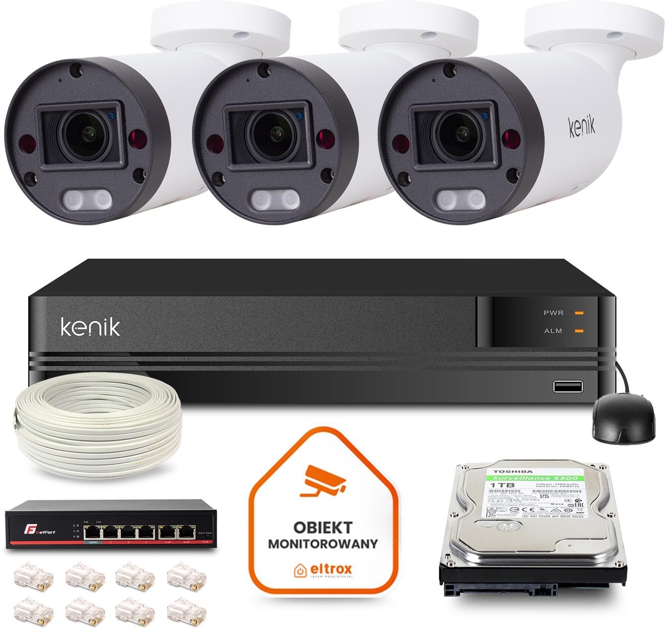 Image of Zestaw monitoringu IP Kenik 3 kamery tubowe 5MPx IR 70m dysk 1TB