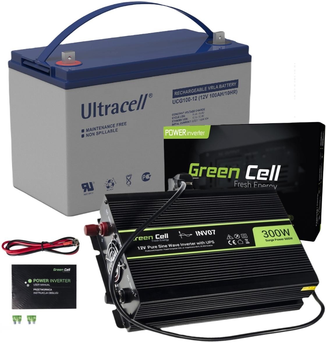 Image of ZESTAW PRZETWORNICA Green Cell 12V/ 230V 300W/600W CZYSTY SINUS + AKUMULATOR AGM ULTRACELL 12V 100Ah