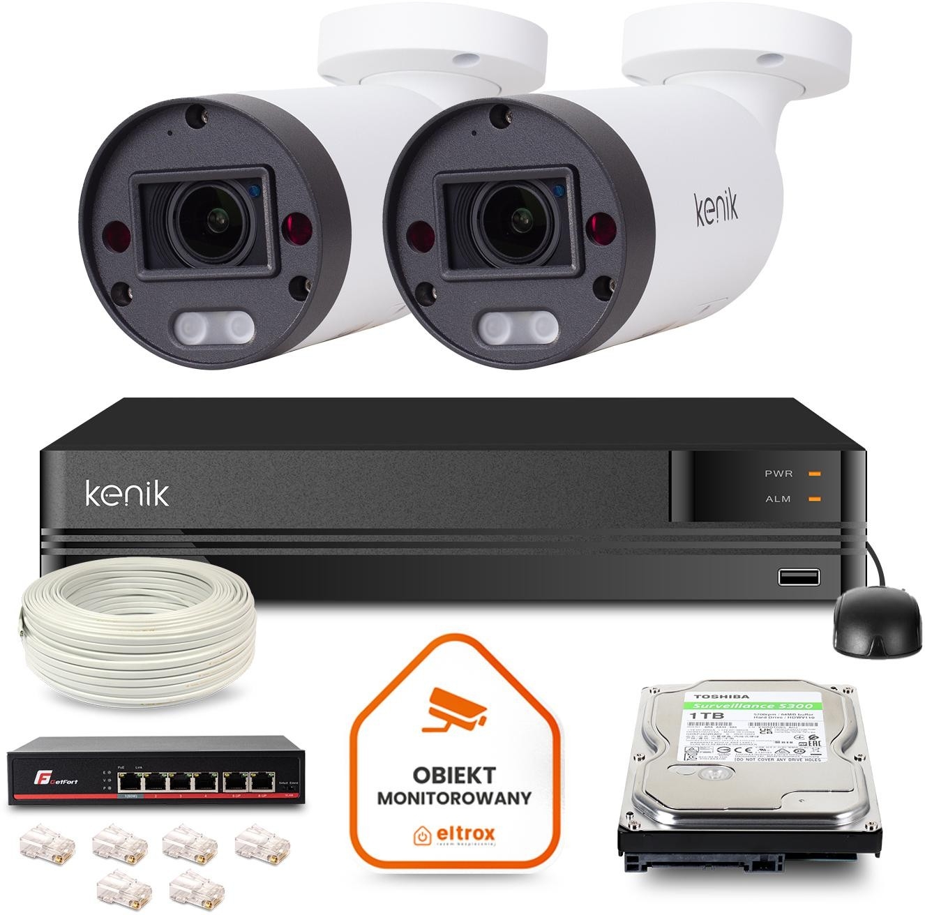 Image of Zestaw monitoringu IP Kenik 2 kamery tubowe 5MPx IR 70m dysk 1TB