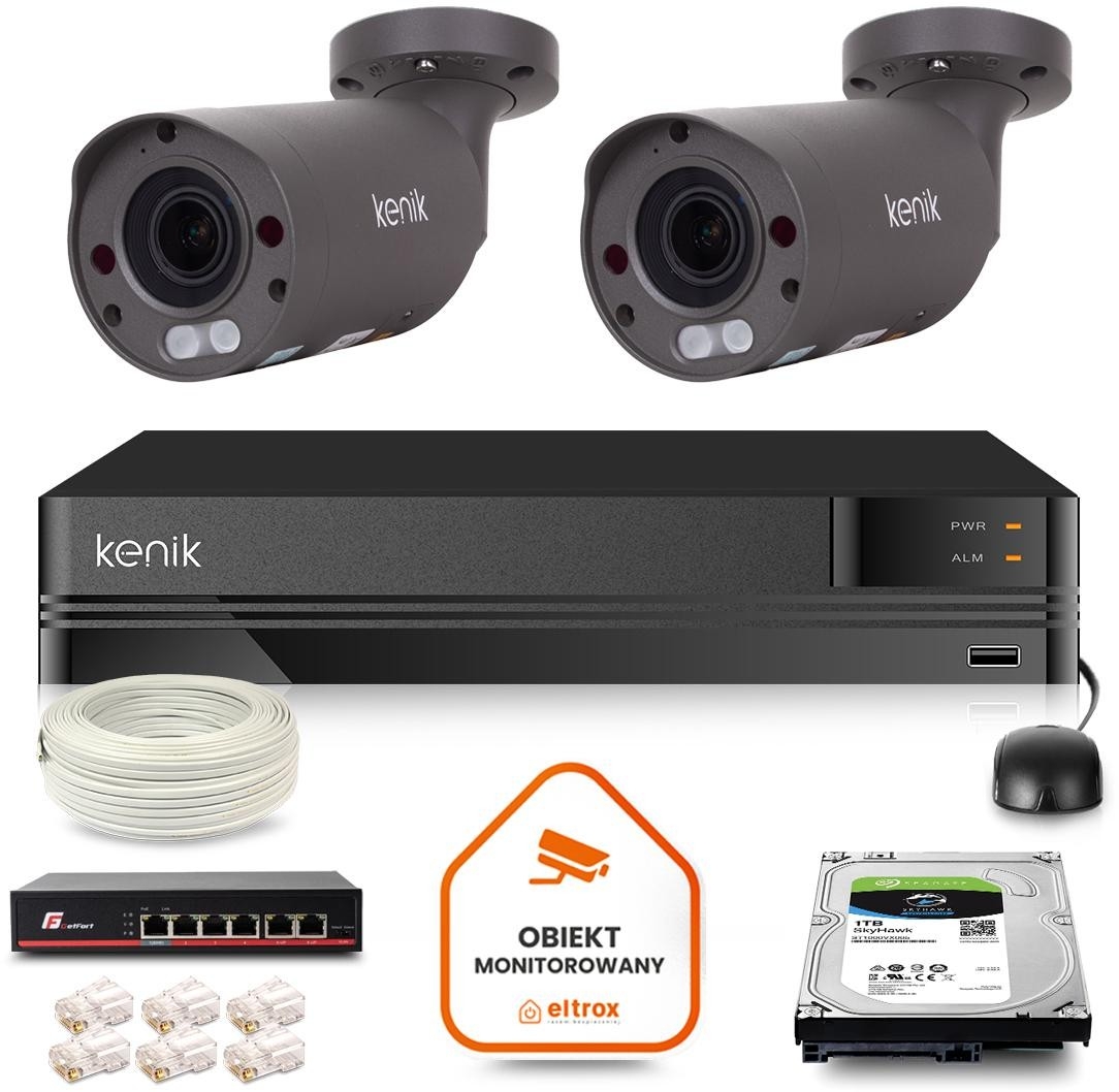 Image of Zestaw monitoringu IP Kenik 2 kamery tubowe 5MPx IR 60m dysk 1TB