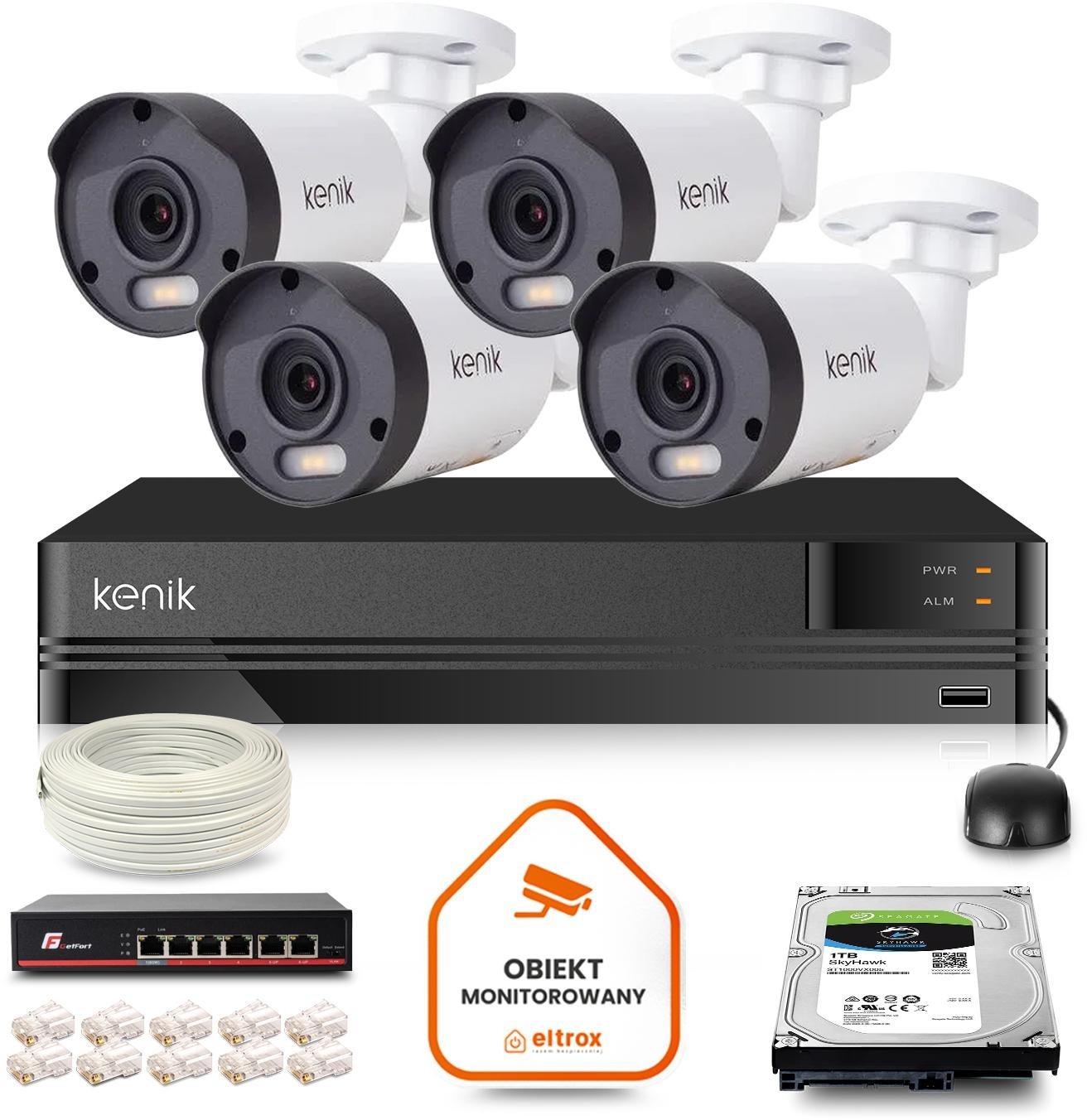 Image of Zestaw monitoringu IP Kenik 4 kamery tubowe 5MPx dysk 1TB