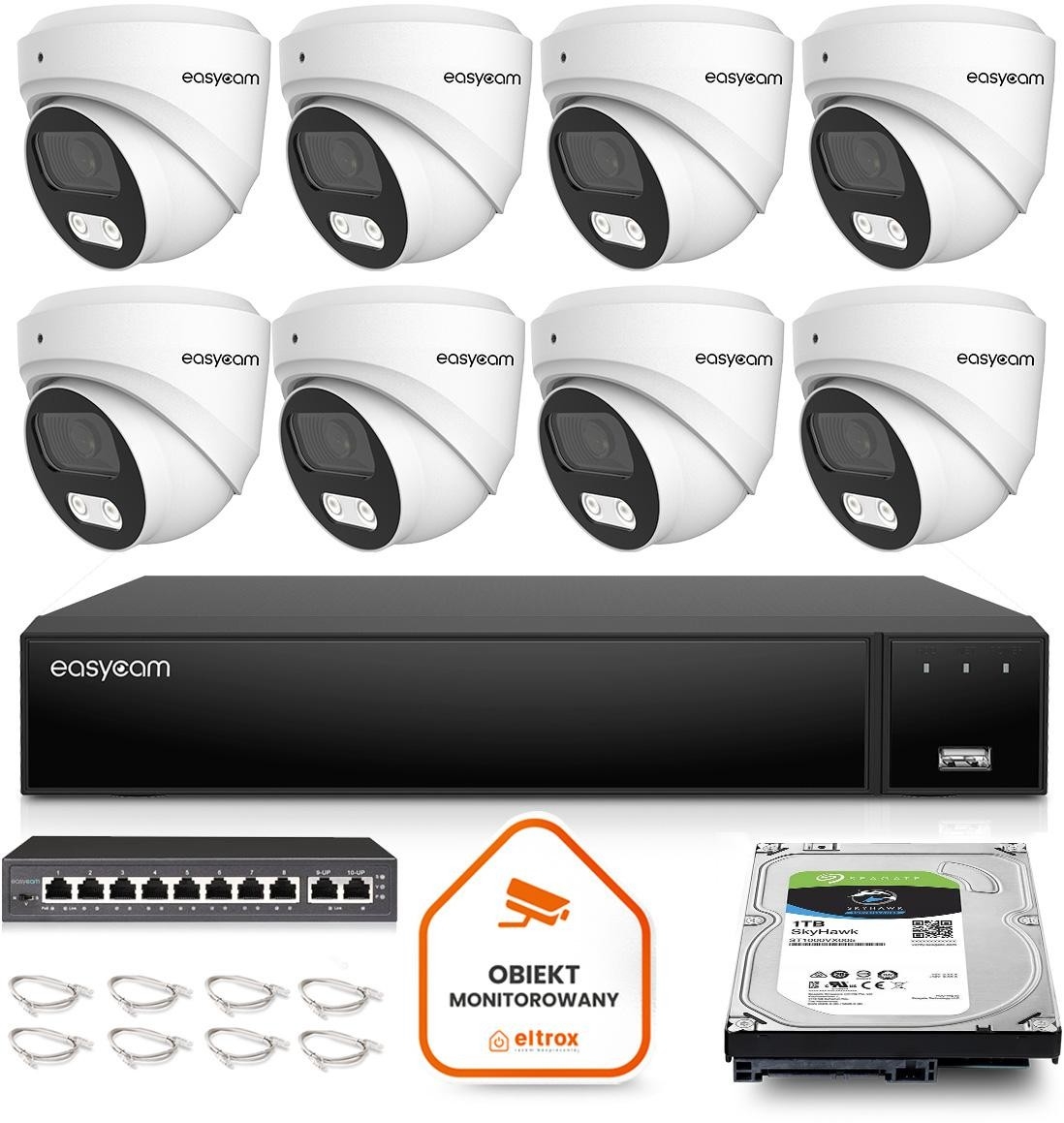 Image of Zestaw do monitoringu IP Easycam 8 kamer z POE EC-IP-D8MP30DL-W 8MPx