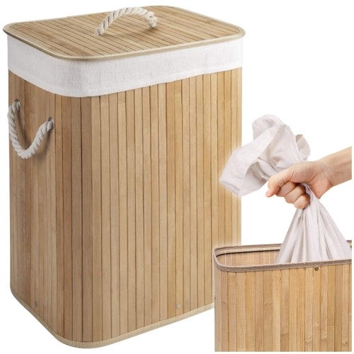 Image of Kosz na pranie bambusowy beżowo-biały 80 l