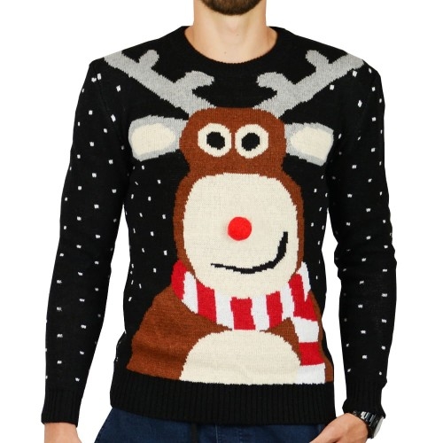 Image of Sweter świąteczny wygodny renifer prezent na święta - Czarny Zolta