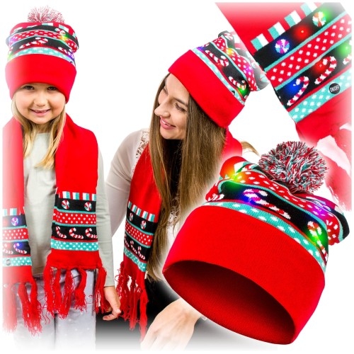 Image of Komplet świąteczny czapka i szalik LED - czerwony