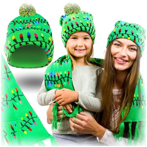 Image of Komplet świąteczny czapka i szalik LED - zielony