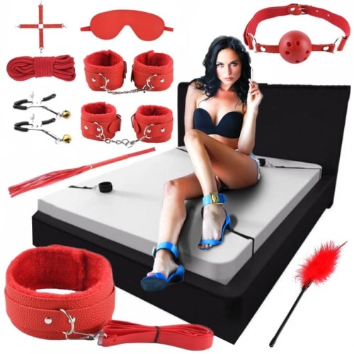 Image of Zestaw BDSM gadżety erotyczne kajdanki czerwony