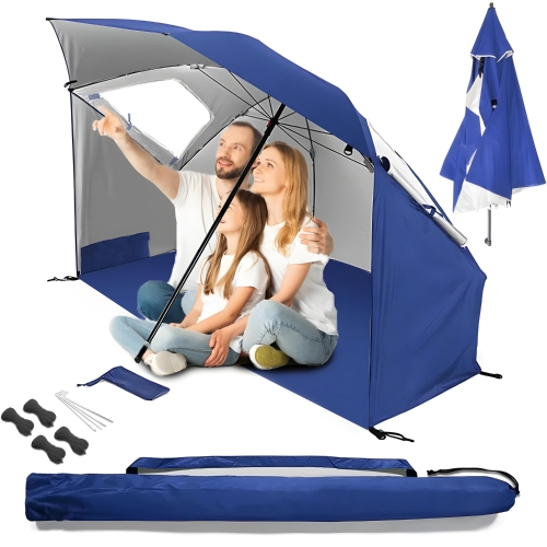Image of Duży parasol plażowy typu namiot w kolorze niebieskim