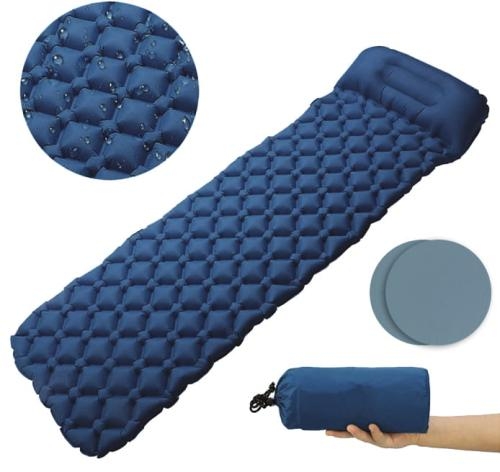 Image of dmuchany materac mata turystyczna z poduszką ciemny niebieski