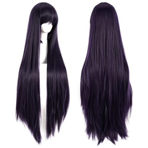 Image of Czarno fioletowa peruka z grzywką proste włosy długa 80cm + gratis