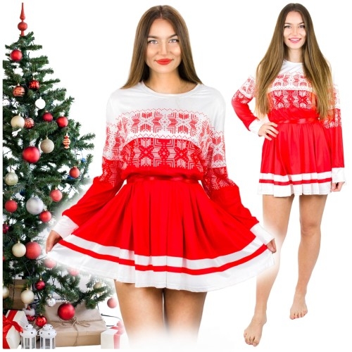 Image of Elegancka rozkloszowana sukienka świąteczna czerwono-biała