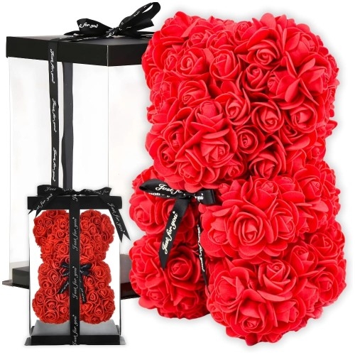 Image of Miś z czerwonych róż z pudełkiem prezent dla niej