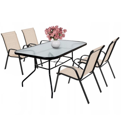Image of Zestaw stół ogrodowy szklany + 4x krzesło metalowe taupe