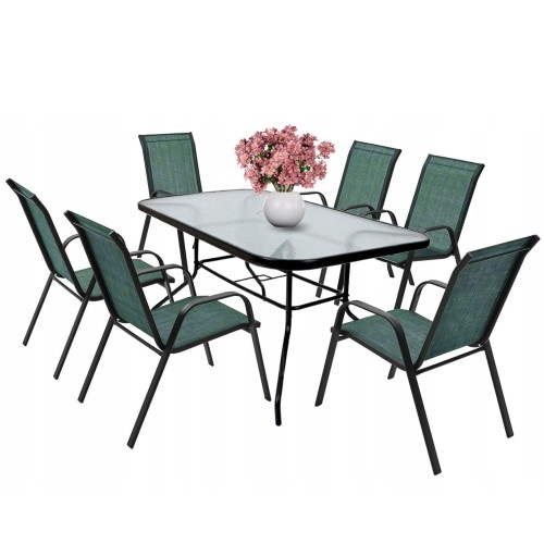 Image of Zestaw stół ogrodowy szklany + 6x krzesło metalowe zielone