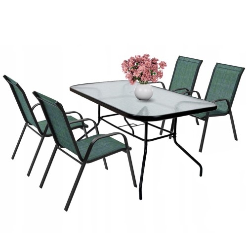 Image of Zestaw stół ogrodowy szklany + 4x krzesło metalowe zielone