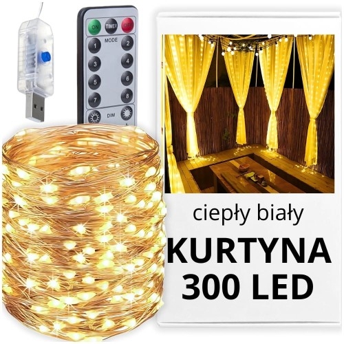 Image of Kurtyna świetlna 300 LED 3x2,5m USB biały ciepły + pilot