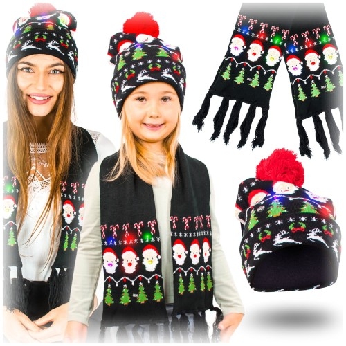 Image of Komplet świąteczny czapka i szalik LED - czarny