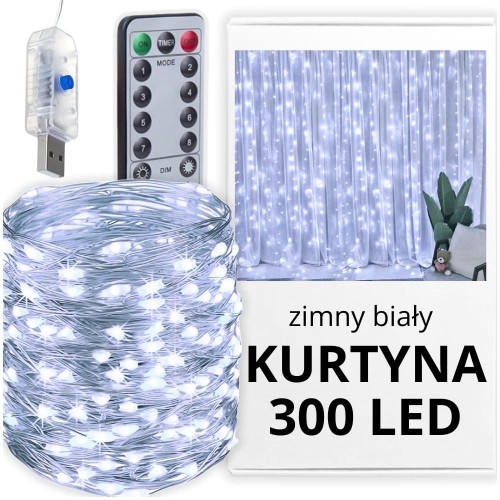 Image of Kurtyna świetlna 300 LED USB 3,5x2,5 m biały zimny + pilot