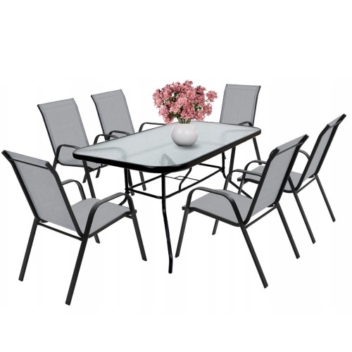Image of Zestaw stół ogrodowy szklany + 6x krzesło metalowe szare