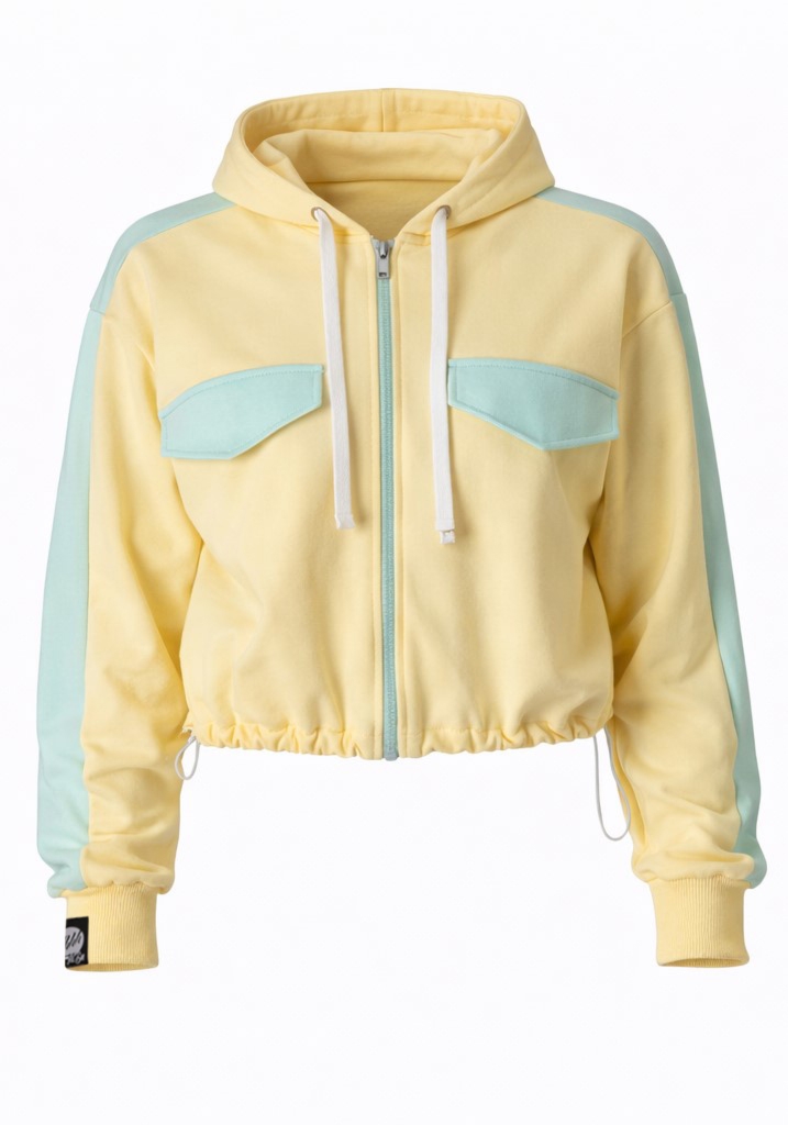 Kr�tka bluza na zamek z kapturem i regulacj� - HOODIE ZIP 5 yellow-pistachio