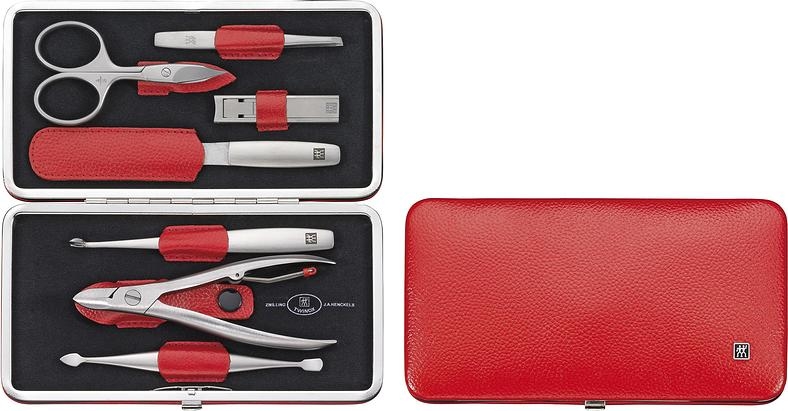 Image of akcesoria do manicure twinox czerwone w skórzanym etui poziomym 7 el.