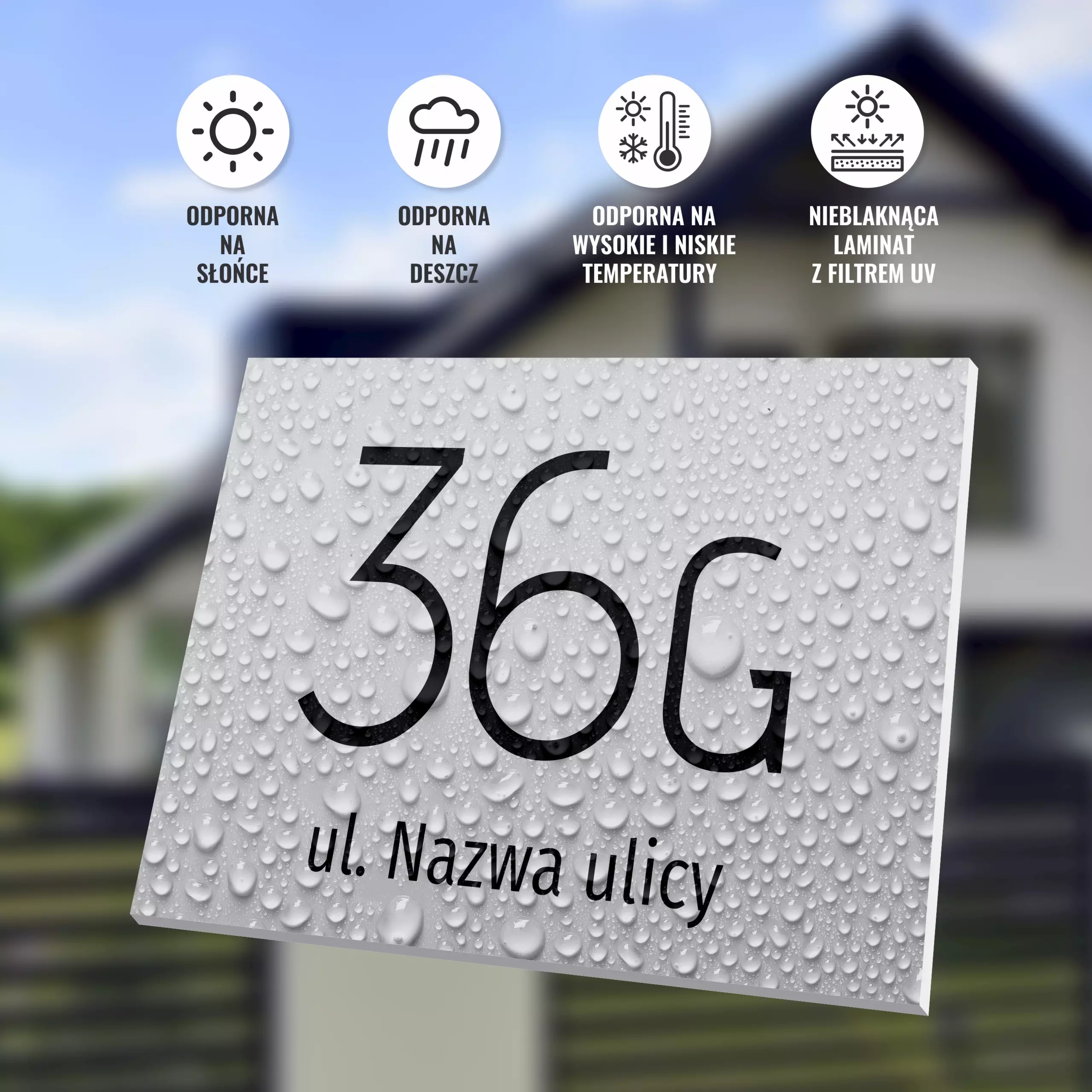 Tabliczka adresowa na budynek: numer posesji, domu, nazwa ulicy