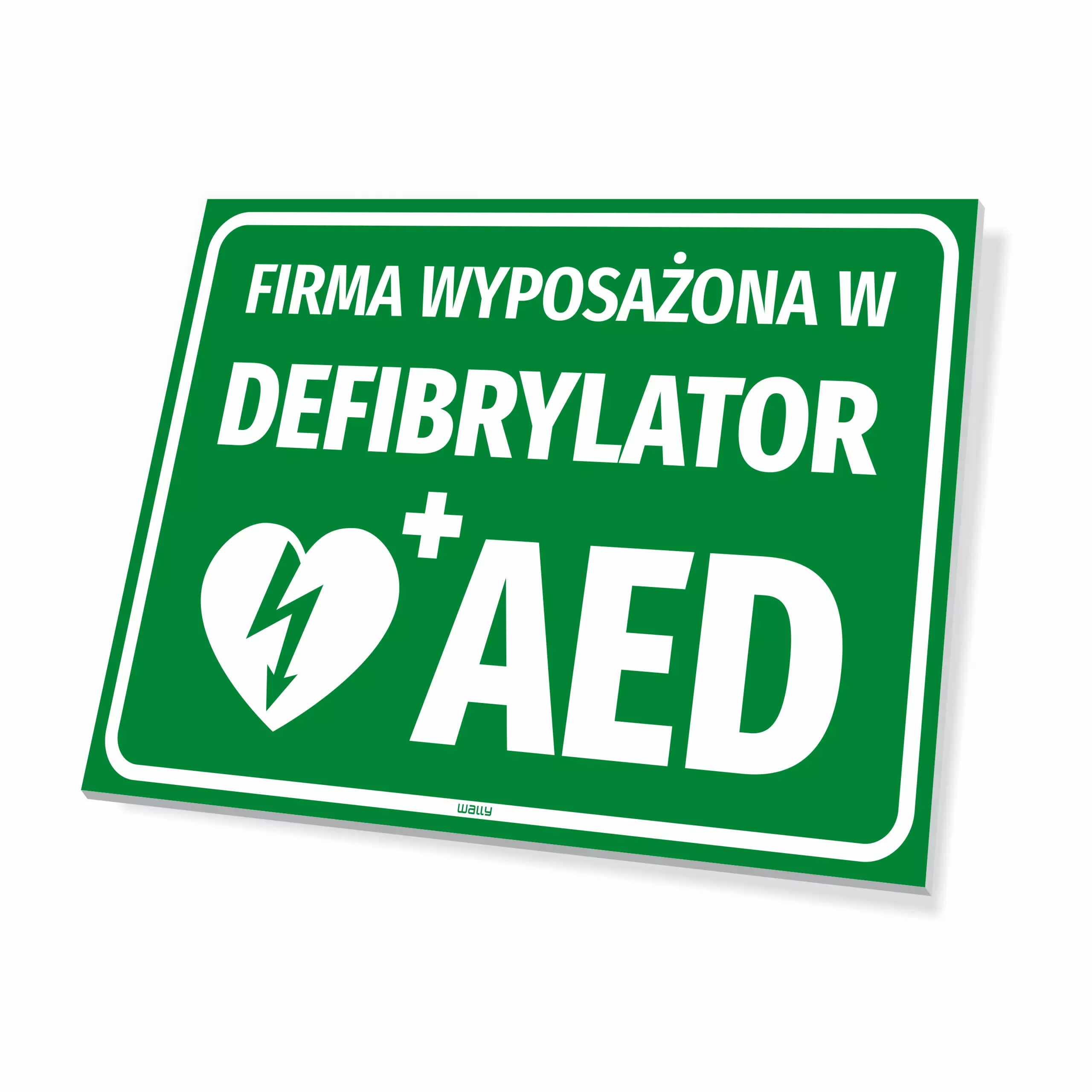 Tabliczka: firma wyposażona w defibrylator AED