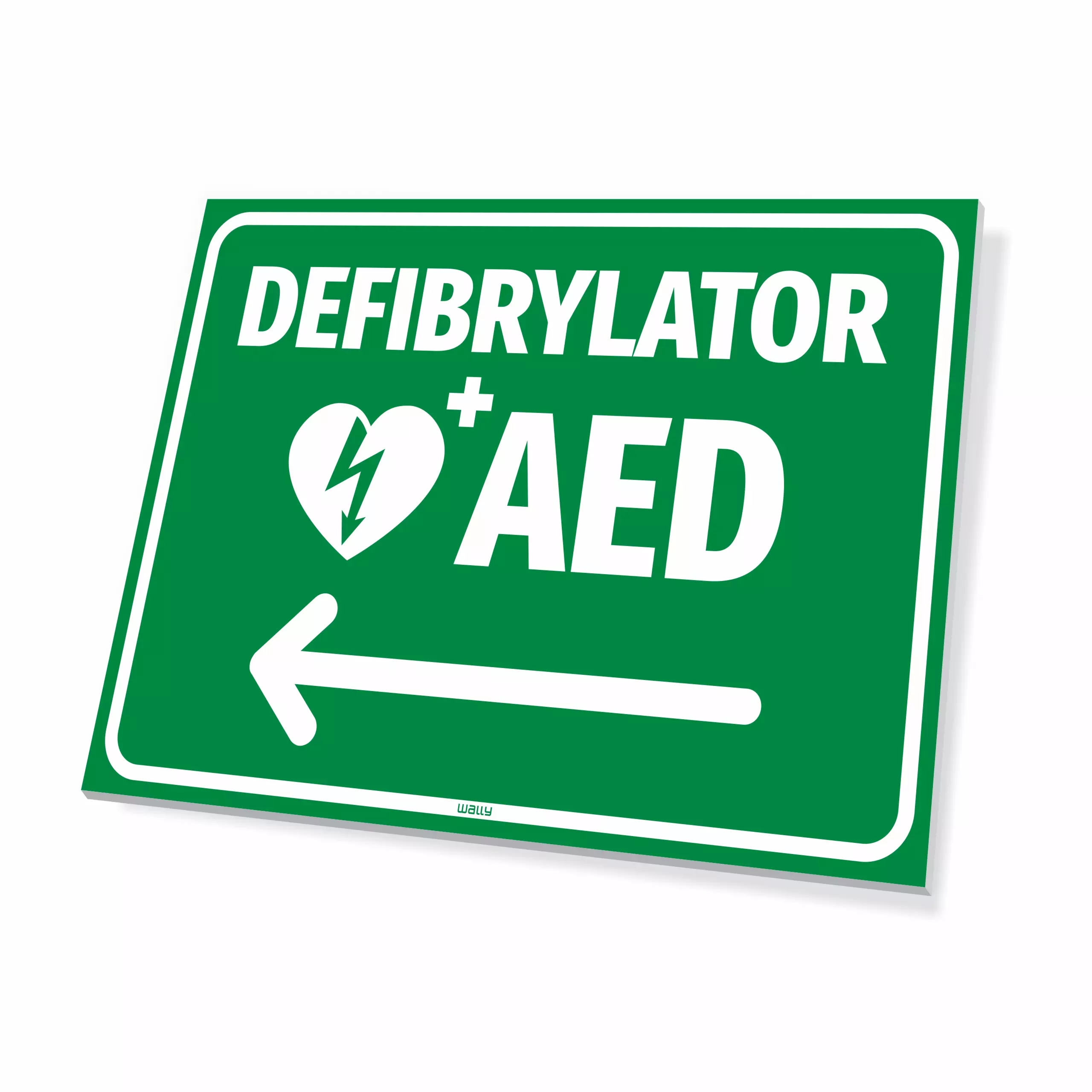 Tabliczka: defibrylator AED, strzałka w lewo