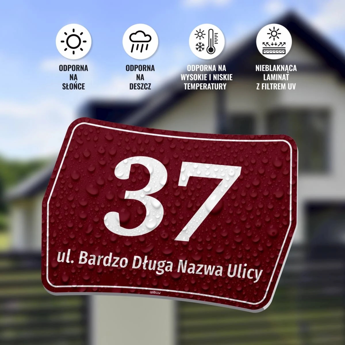 Tabliczka na dom z numerem i ulicą, na budynek, posesję, ogrodzenie