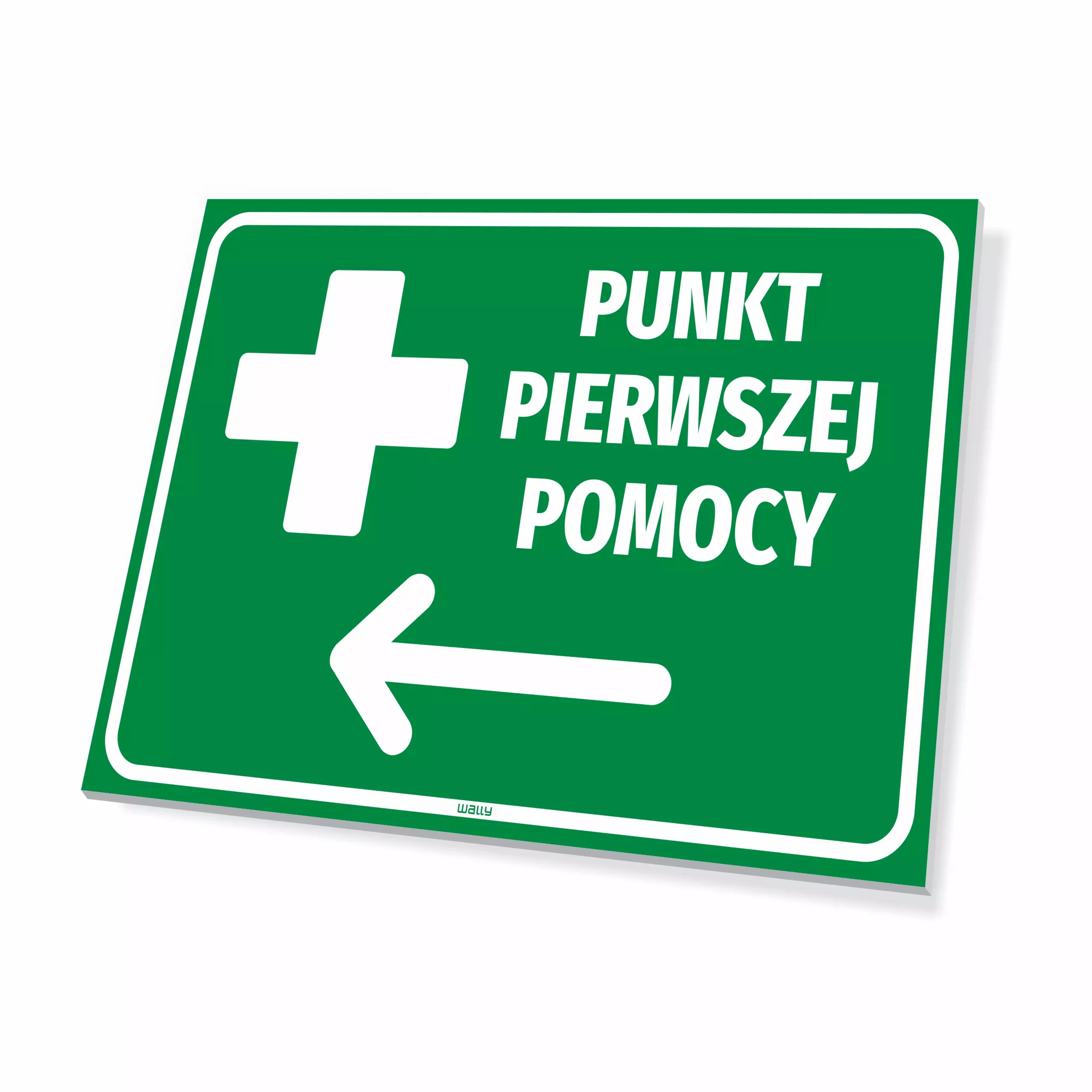 Tabliczka: punkt pierwszej pomocy, kierunek w lewo