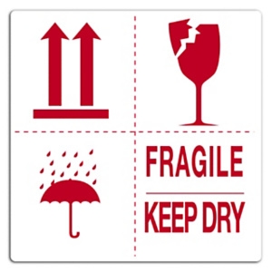 Ostrzegawcze etykiety na paczki "Fragile - Keep dry" 500 szt na rolce