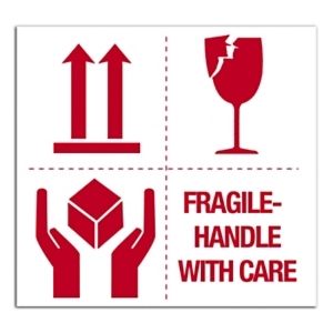 Ostrzegawcze etykiety na paczki "Fragile - Handle with care" 500 szt na rolce