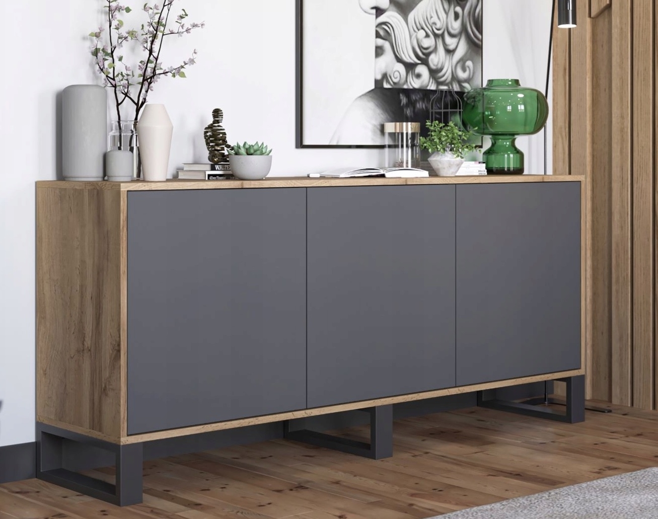 Szeroka komoda w stylu industrialnym Apollo 151 dąb wotan/grafit