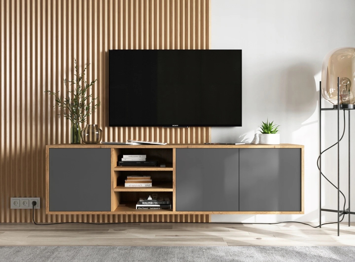 Wisząca szafka RTV z półkami Apollo 53 dąb wotan/grafit