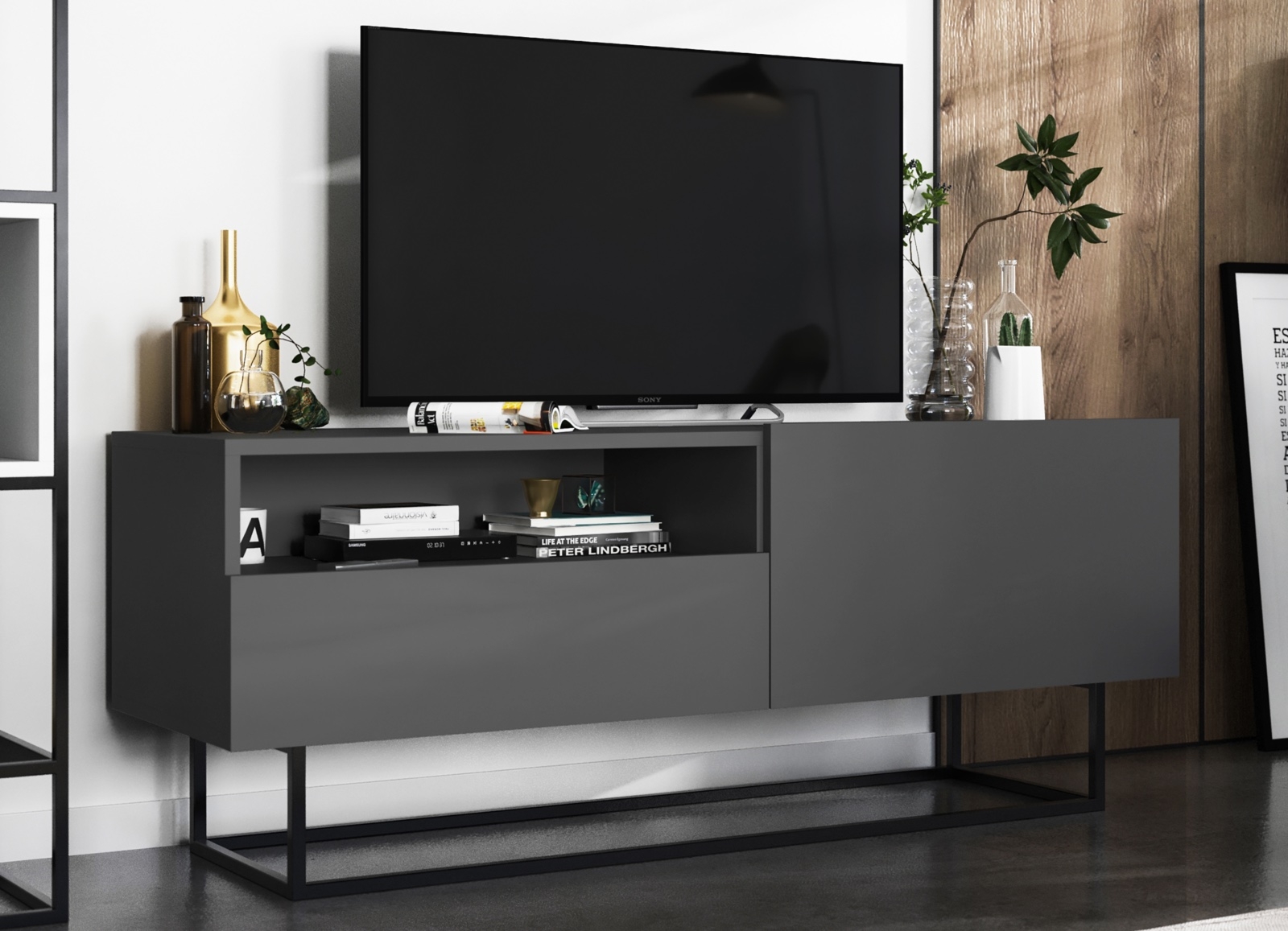 Szafka RTV na płozach Enjoy z półką i szufladą grafitowy