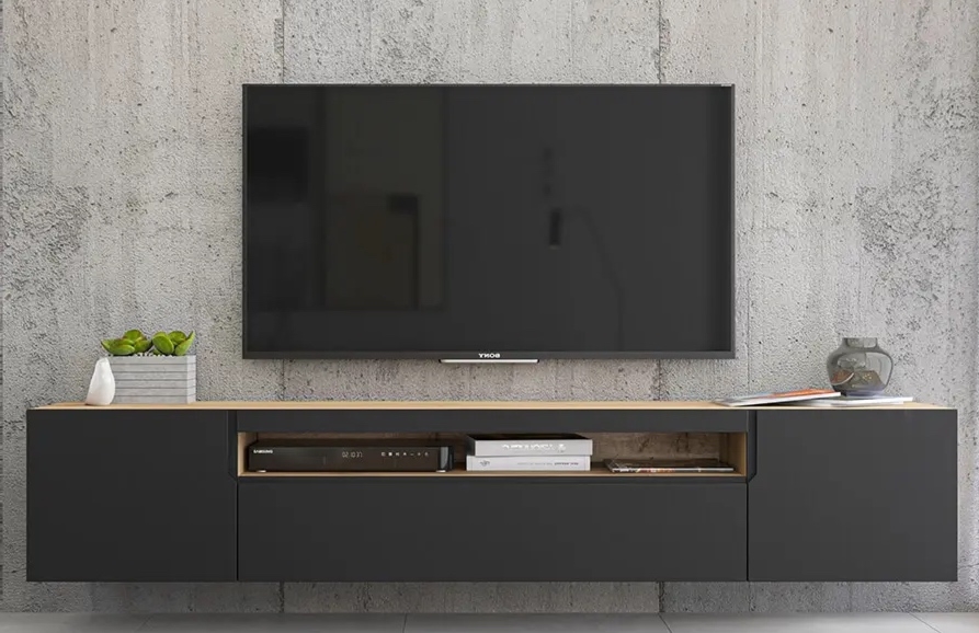 Szeroka szafka RTV ścienna Doze w stylu loft czarny mat/dąb artisan