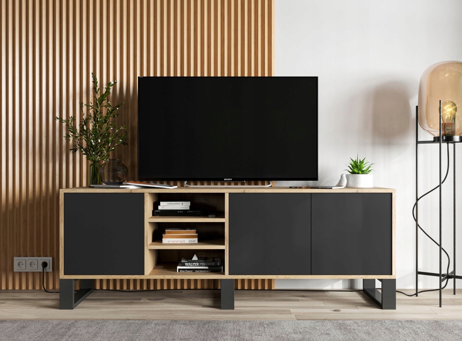 Szeroka szafka RTV na płozach Apollo 116 dąb wotan/czarny