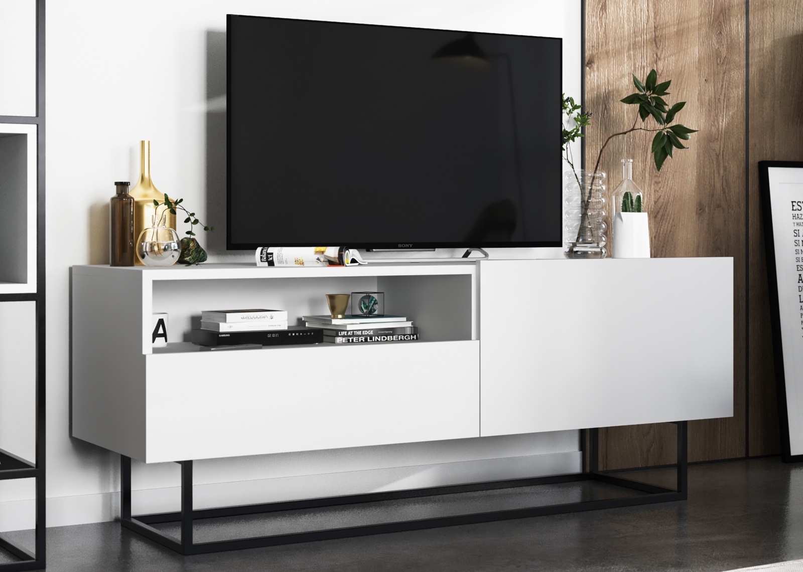 Szafka RTV na płozach Enjoy z półką i szufladą biały