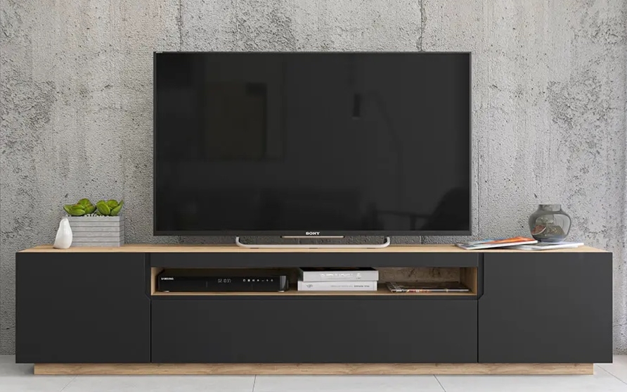 Szafka pod telewizor na cokole Doze w stylu loft czarny mat/dąb artisan