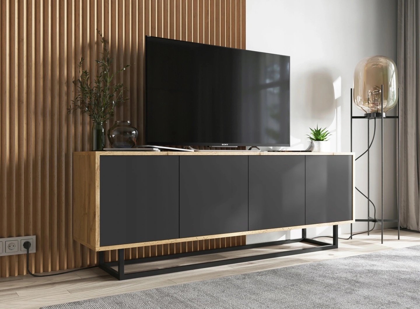 Szeroki stolik RTV z szafkami Apollo 45 dąb wotan/czarny