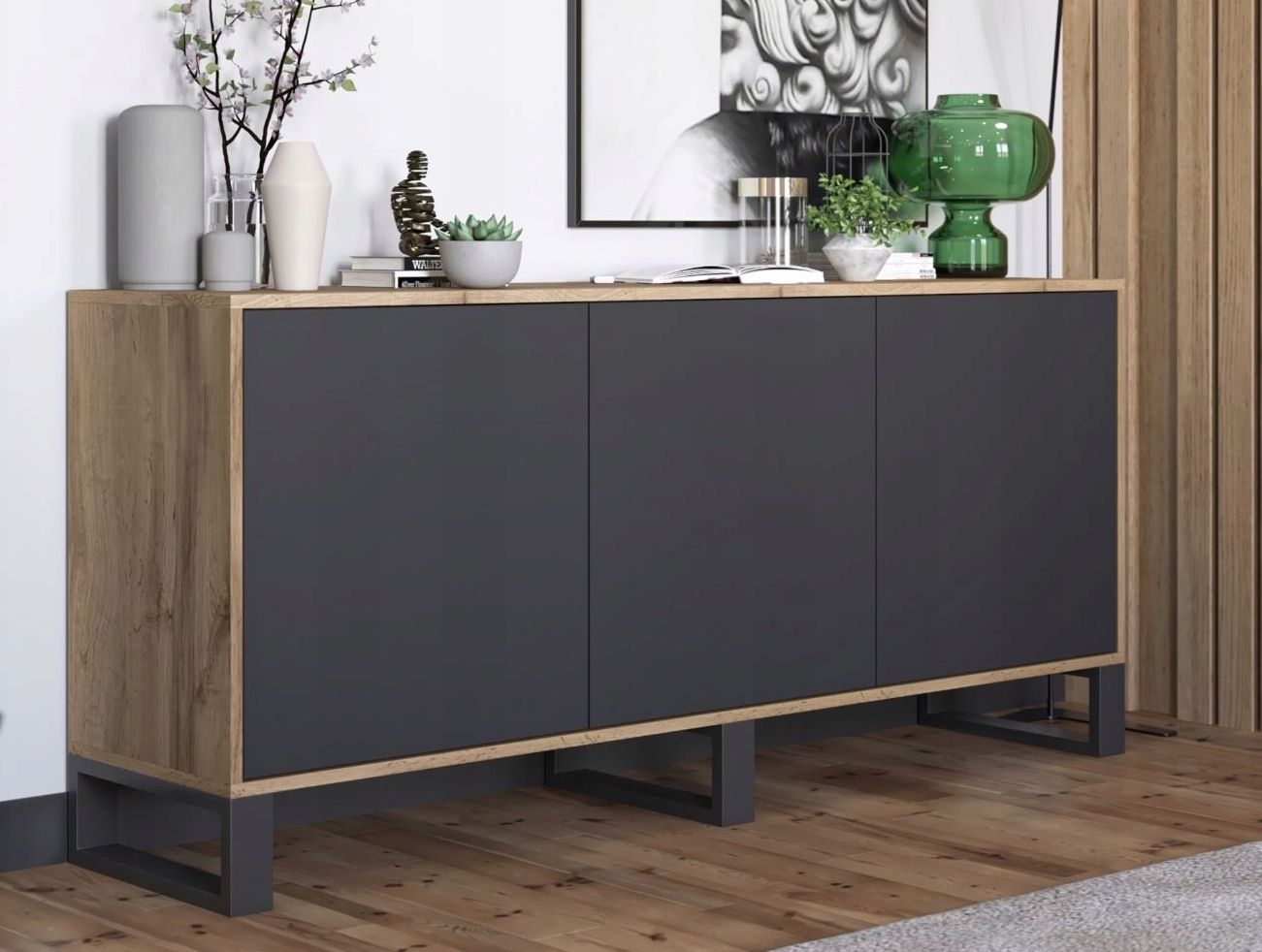 Szeroka komoda w stylu industrialnym Apollo 152 dąb wotan/czarny