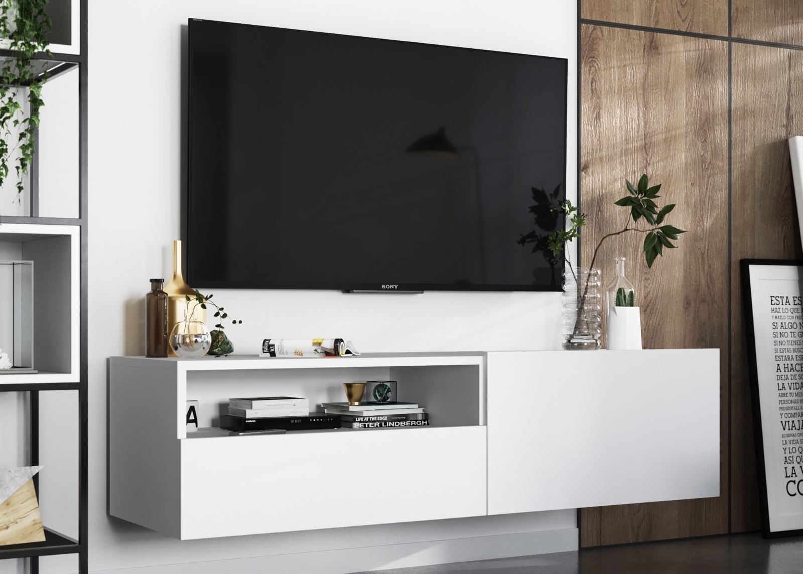 Ścienna szafka RTV z półką i szufladą Enjoy biały