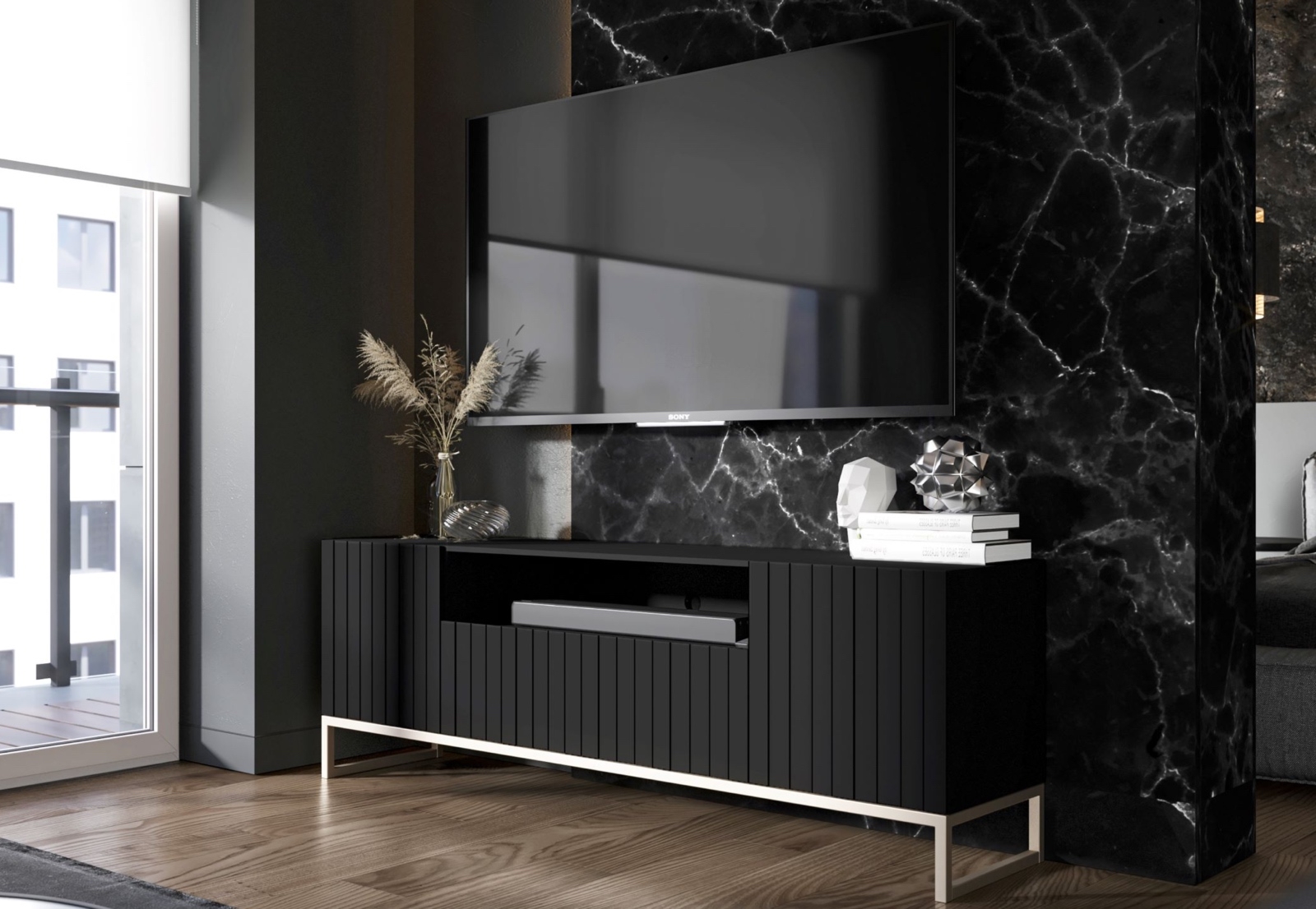 Ryflowana szafka RTV z wnęką Elpis 2 czarny mat